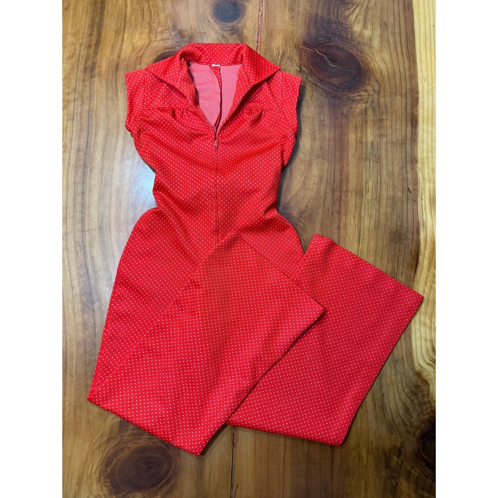 Vintage 70s Polyester Knit Women's Jumpsuit Wide leg Polka Dot Retro Hippie T23